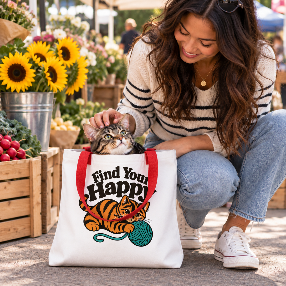 Funny Cat Tote Bag, Find Your Happy Tote, Cat Lover Gift, Knitting Crochet Yarn Bag, Orange Tabby Cat Shopping Bag