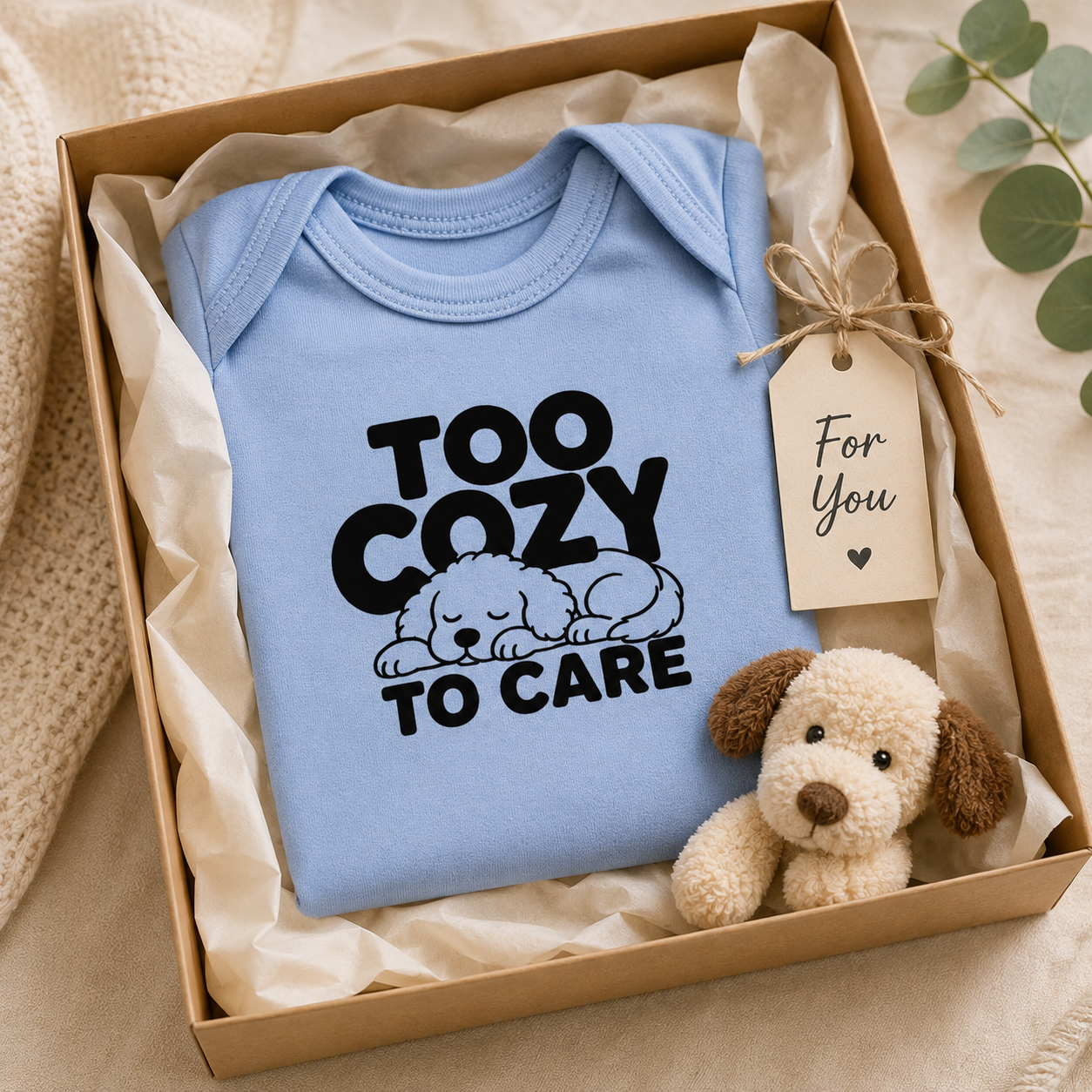 Too Cozy to Care Baby Bodysuit, Funny Puppy Baby Onesie, Cute Dog Infant Bodysuit, Cozy Baby Outfit