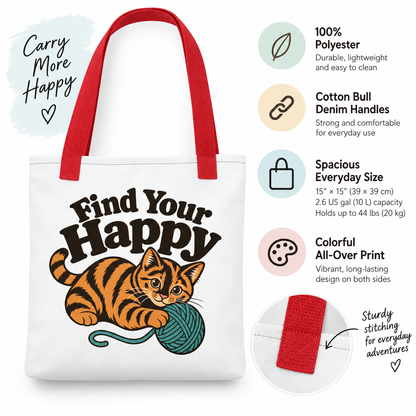 Funny Cat Tote Bag, Find Your Happy Tote, Cat Lover Gift, Knitting Crochet Yarn Bag, Orange Tabby Cat Shopping Bag