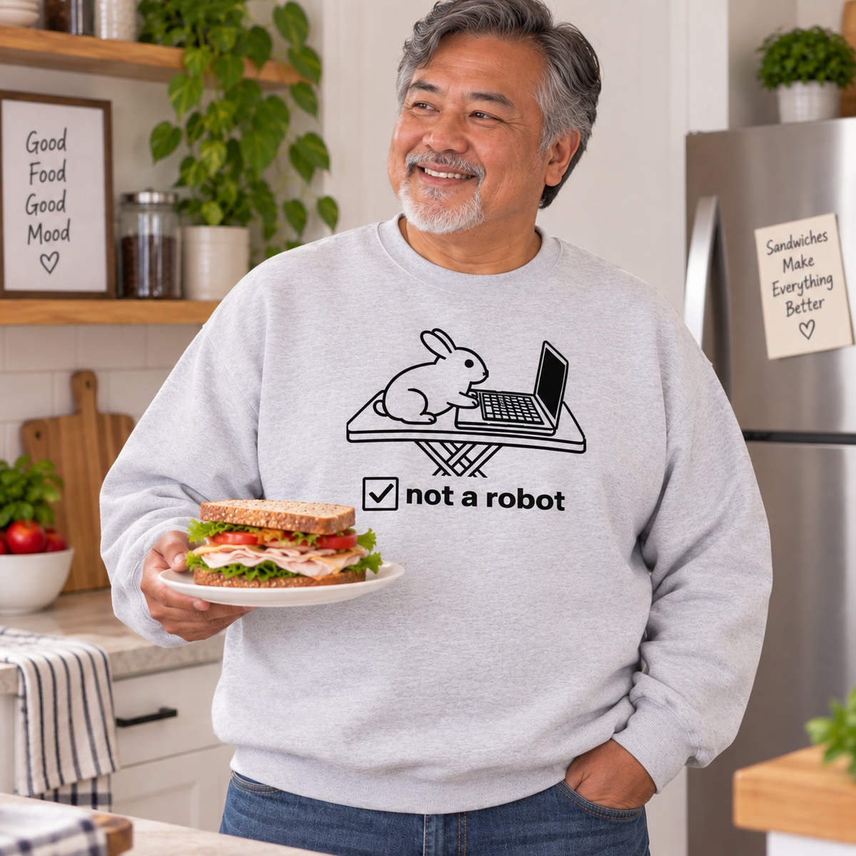Funny Rabbit Sweatshirt, Not a Robot Bunny Sweater, Rabbit Lover Gift, Computer Humor Crewneck