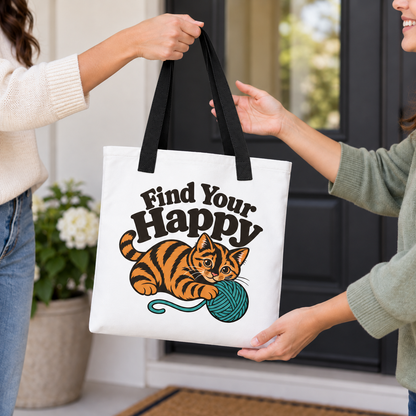 Funny Cat Tote Bag, Find Your Happy Tote, Cat Lover Gift, Knitting Crochet Yarn Bag, Orange Tabby Cat Shopping Bag