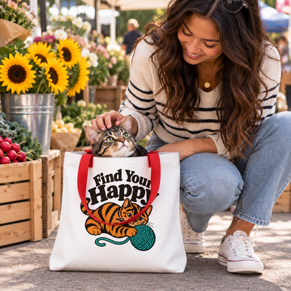 Funny Cat Tote Bag, Find Your Happy Tote, Cat Lover Gift, Knitting Crochet Yarn Bag, Orange Tabby Cat Shopping Bag