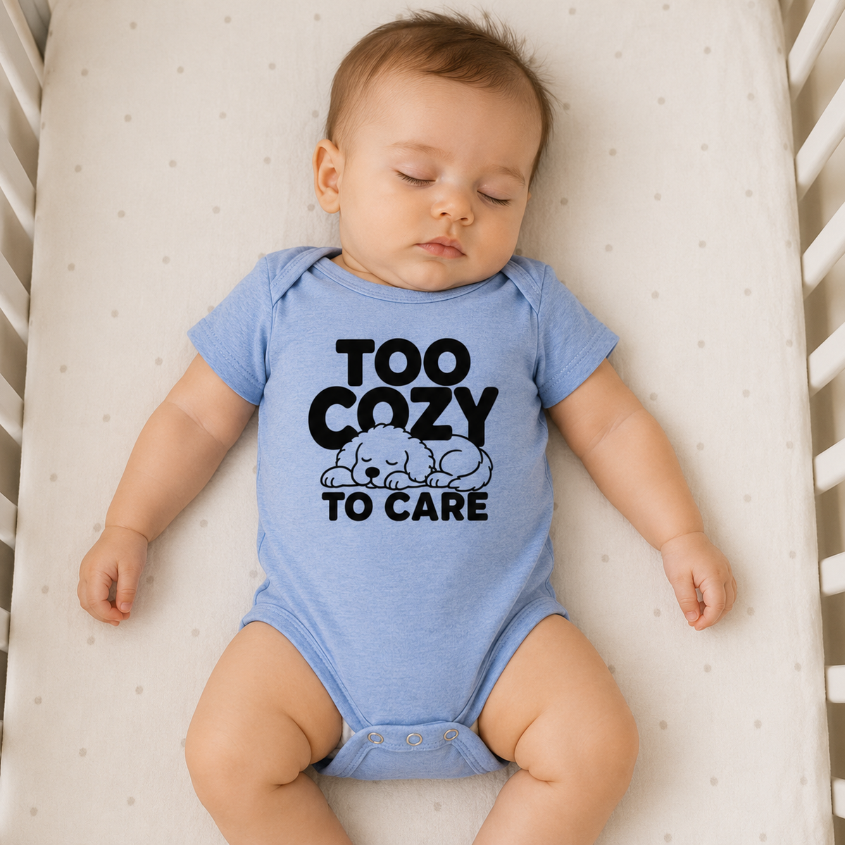 Too Cozy to Care Baby Bodysuit, Funny Puppy Baby Onesie, Cute Dog Infant Bodysuit, Cozy Baby Outfit