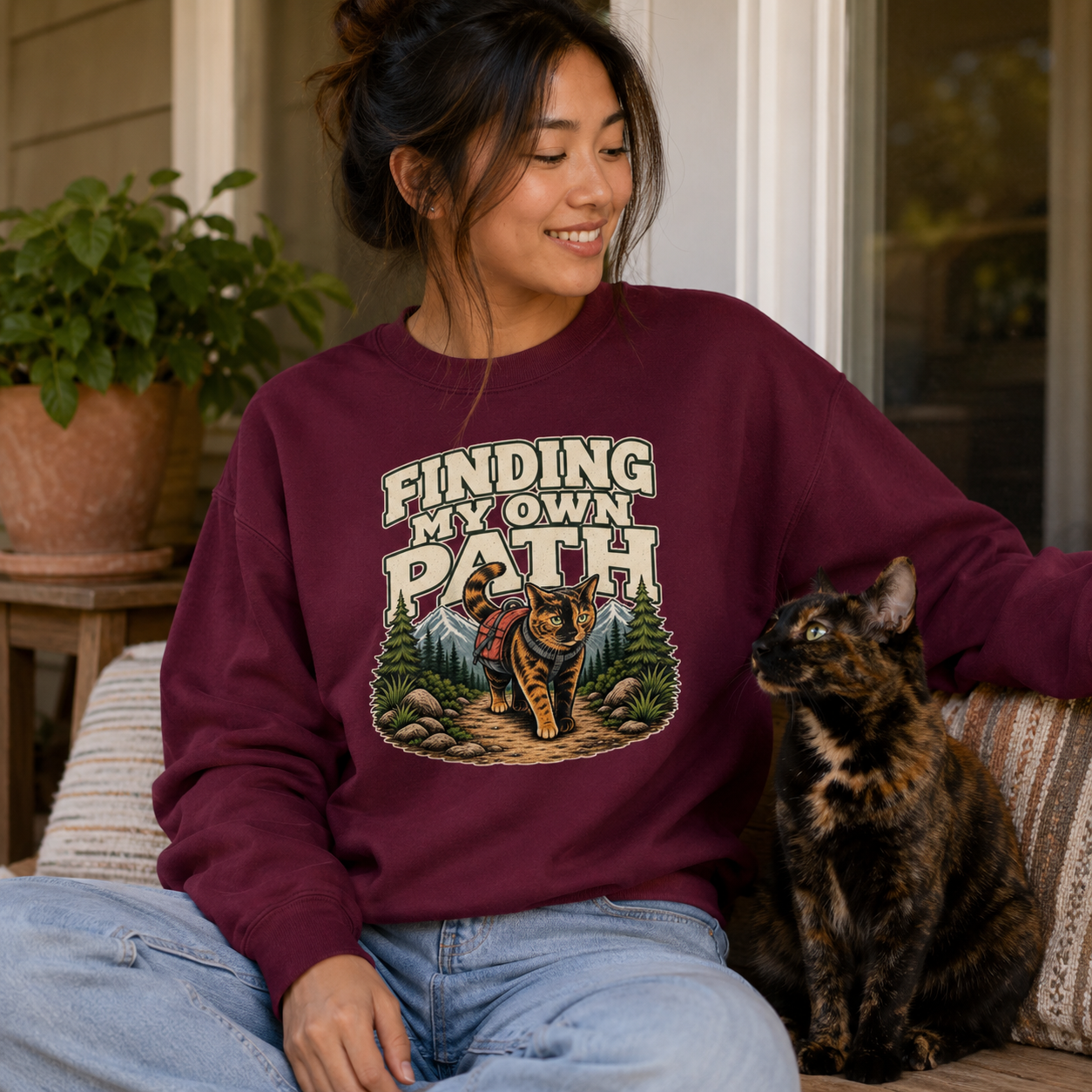 Hiking Cat Sweatshirt, Cat Lover Gift, Funny Outdoor Crewneck, Finding My Own Path, Hiking Camping Nature Lover Gift