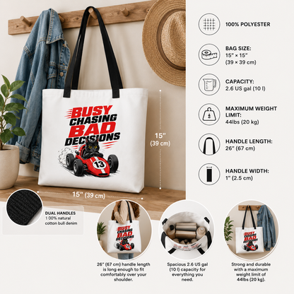 Funny Black Cat Tote Bag, Busy Chasing Bad Decisions, Cat Lover Gift, Racing Cat Tote, Funny Cat Gift, Reusable Shopping Bag