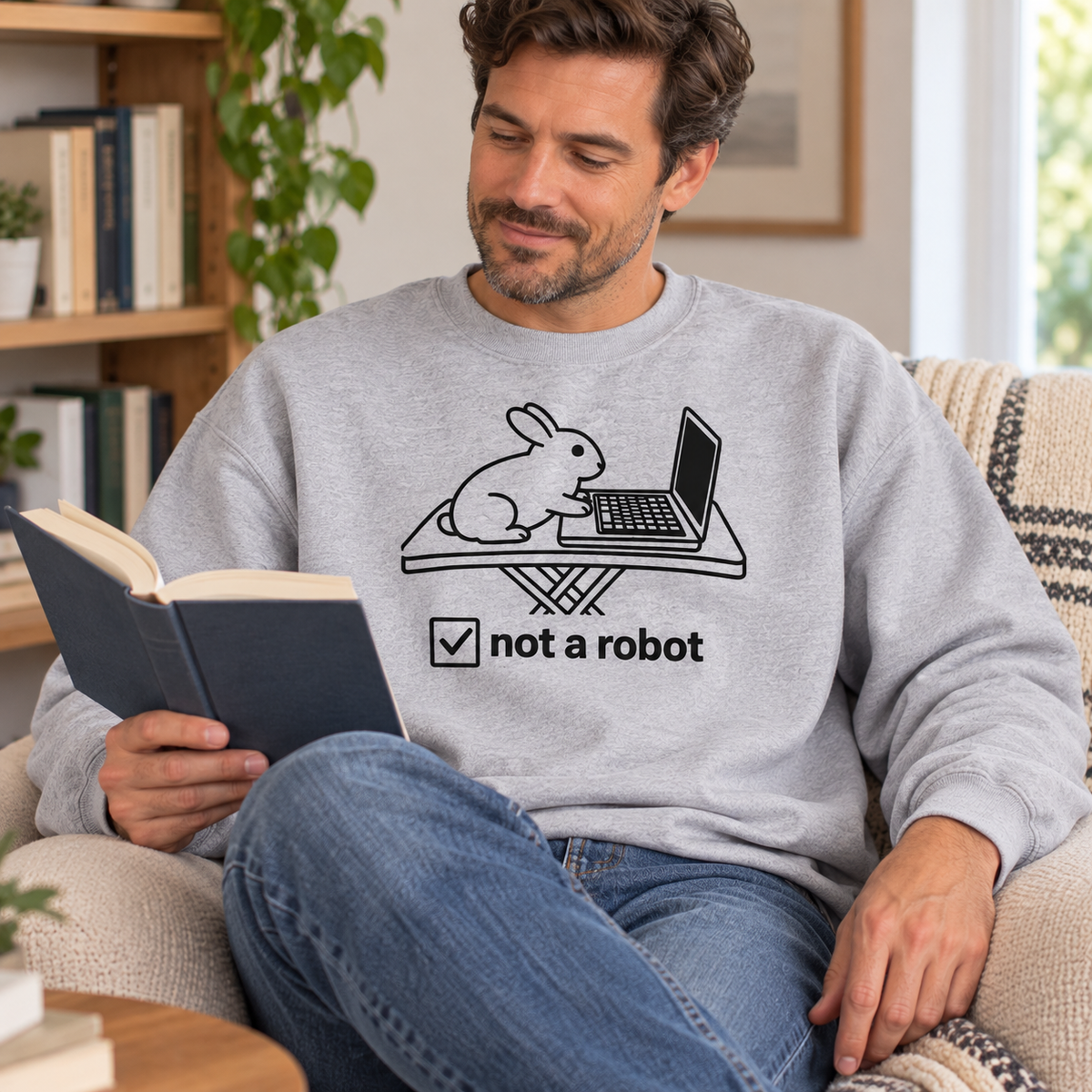 Funny Rabbit Sweatshirt, Not a Robot Bunny Sweater, Rabbit Lover Gift, Computer Humor Crewneck
