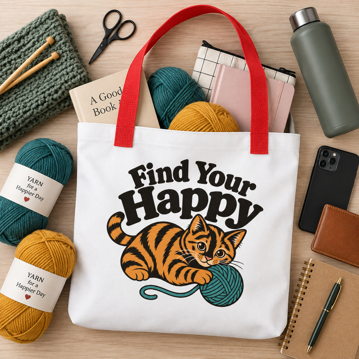 Funny Cat Tote Bag, Find Your Happy Tote, Cat Lover Gift, Knitting Crochet Yarn Bag, Orange Tabby Cat Shopping Bag