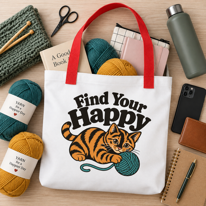 Funny Cat Tote Bag, Find Your Happy Tote, Cat Lover Gift, Knitting Crochet Yarn Bag, Orange Tabby Cat Shopping Bag