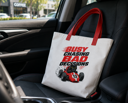 Funny Black Cat Tote Bag, Busy Chasing Bad Decisions, Cat Lover Gift, Racing Cat Tote, Funny Cat Gift, Reusable Shopping Bag