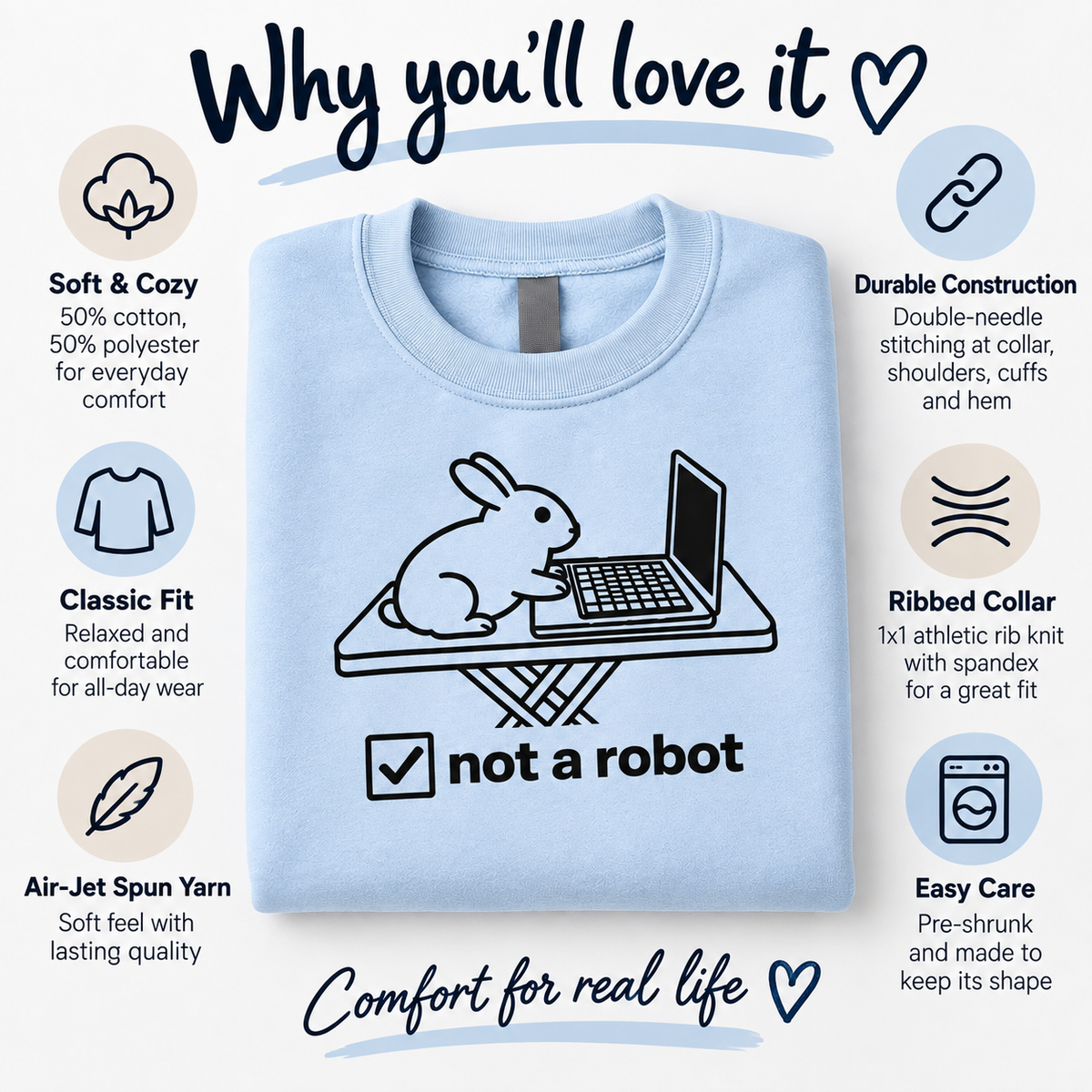Funny Rabbit Sweatshirt, Not a Robot Bunny Sweater, Rabbit Lover Gift, Computer Humor Crewneck