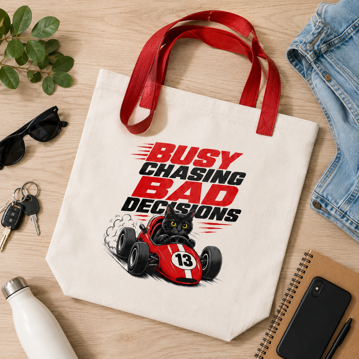 Funny Black Cat Tote Bag, Busy Chasing Bad Decisions, Cat Lover Gift, Racing Cat Tote, Funny Cat Gift, Reusable Shopping Bag