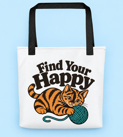 Funny Cat Tote Bag, Find Your Happy Tote, Cat Lover Gift, Knitting Crochet Yarn Bag, Orange Tabby Cat Shopping Bag