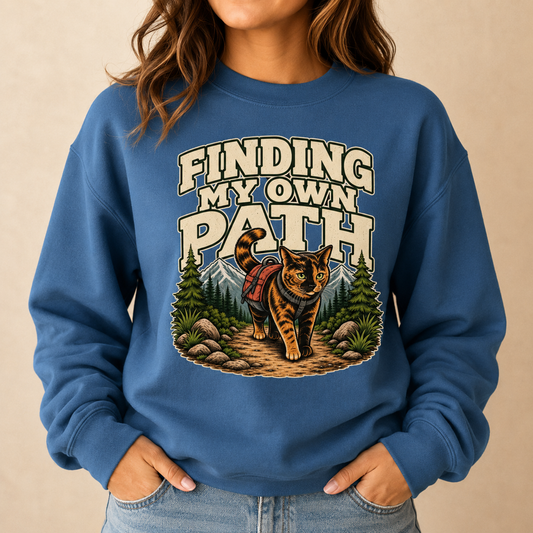 Hiking Cat Sweatshirt, Cat Lover Gift, Funny Outdoor Crewneck, Finding My Own Path, Hiking Camping Nature Lover Gift