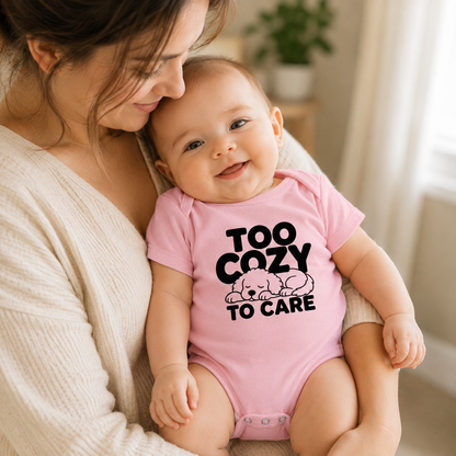Too Cozy to Care Baby Bodysuit, Funny Puppy Baby Onesie, Cute Dog Infant Bodysuit, Cozy Baby Outfit