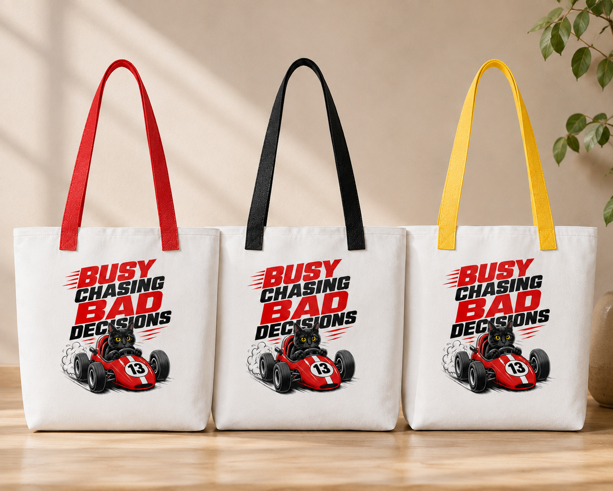 Funny Black Cat Tote Bag, Busy Chasing Bad Decisions, Cat Lover Gift, Racing Cat Tote, Funny Cat Gift, Reusable Shopping Bag