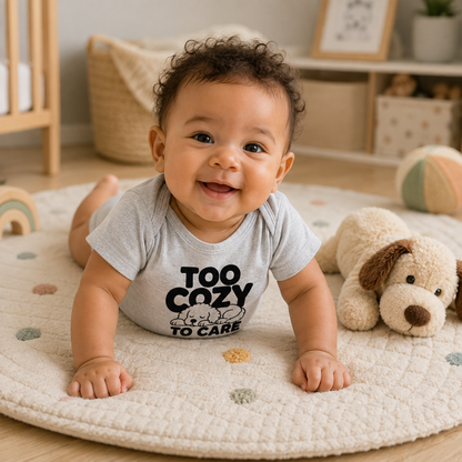 Too Cozy to Care Baby Bodysuit, Funny Puppy Baby Onesie, Cute Dog Infant Bodysuit, Cozy Baby Outfit