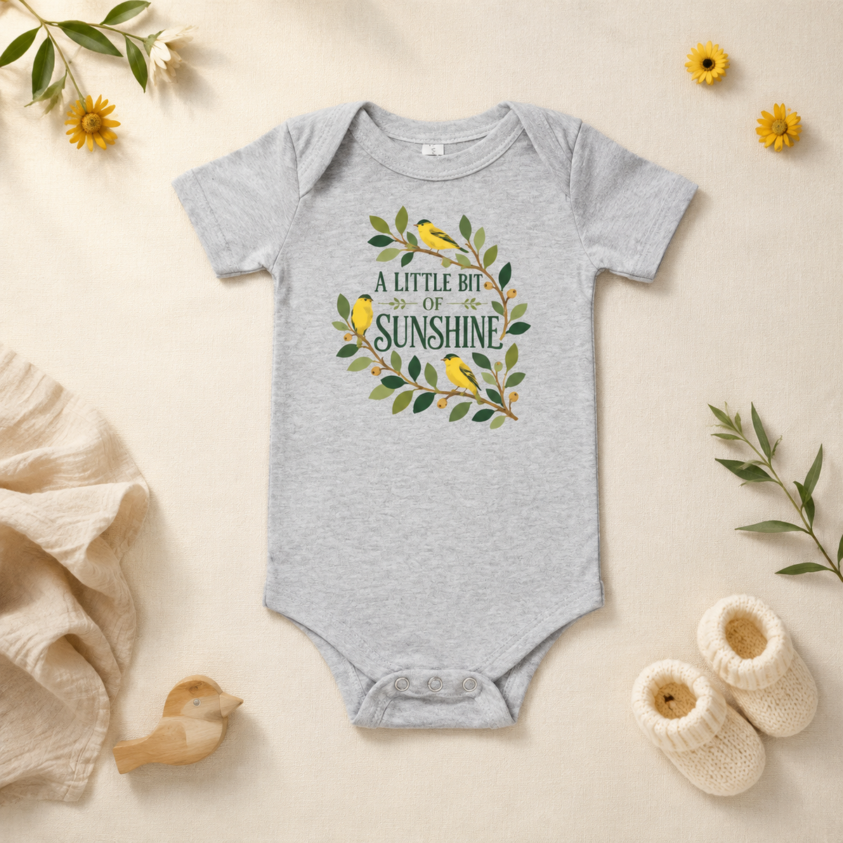 A Little Bit of Sunshine Baby Bodysuit, Bird and Nature Baby Onesie, Yellow Nursery Baby Shower Gift