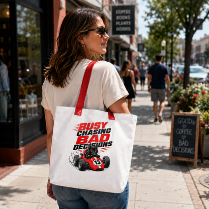 Funny Black Cat Tote Bag, Busy Chasing Bad Decisions, Cat Lover Gift, Racing Cat Tote, Funny Cat Gift, Reusable Shopping Bag