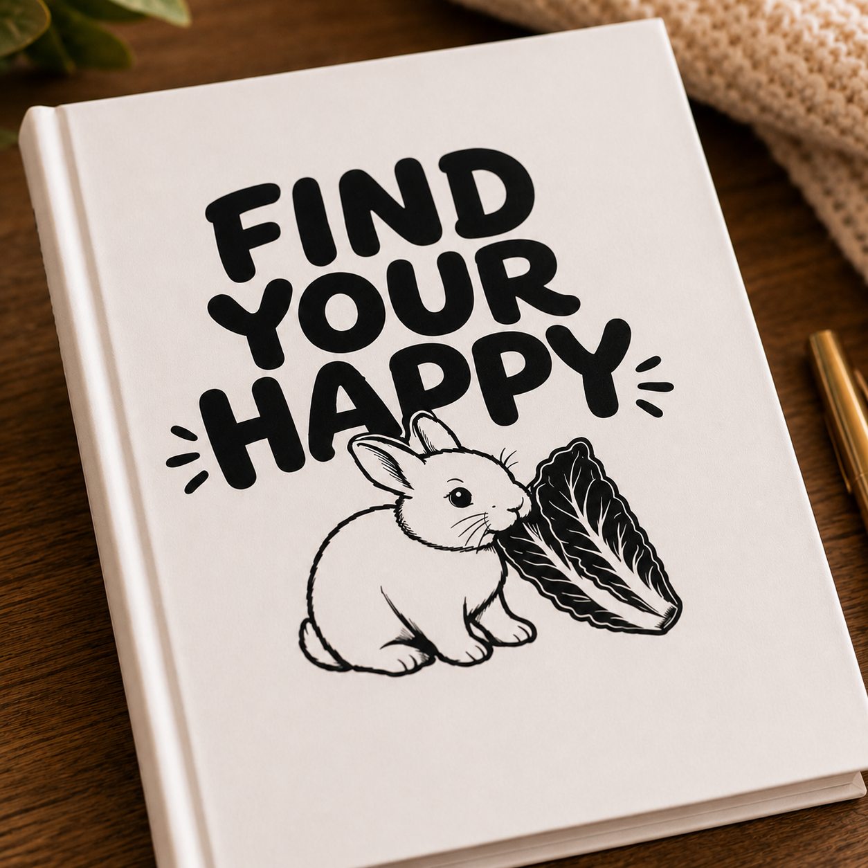 Find Your Happy Rabbit Journal, Bunny Lover Gift, Cute Hardcover Notebook, Rabbit Notebook, Positive Quote Journal, Veggie Garden Gift