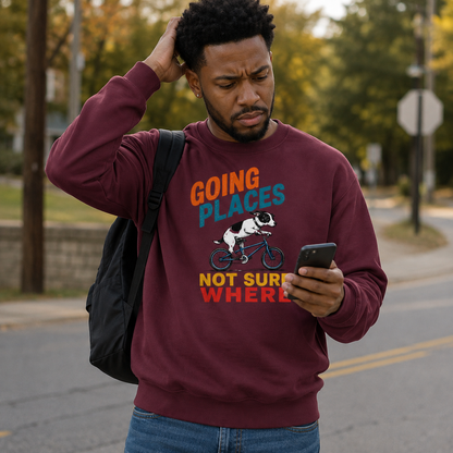 Funny Dog Sweatshirt, Going Places Not Sure Where Crewneck, Dog Lover Gift, Funny Graphic Sweatshirt, Cute Dog on Bike Shirt
