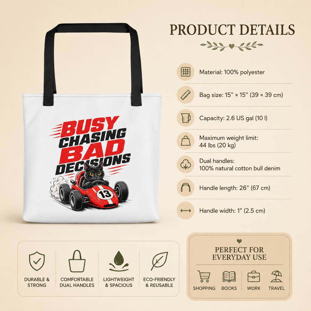 Funny Cat Racing Tote Bag, Busy Chasing Bad Decisions Tote Bag
