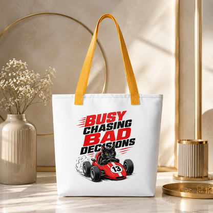 Funny Cat Racing Tote Bag, Busy Chasing Bad Decisions Tote Bag