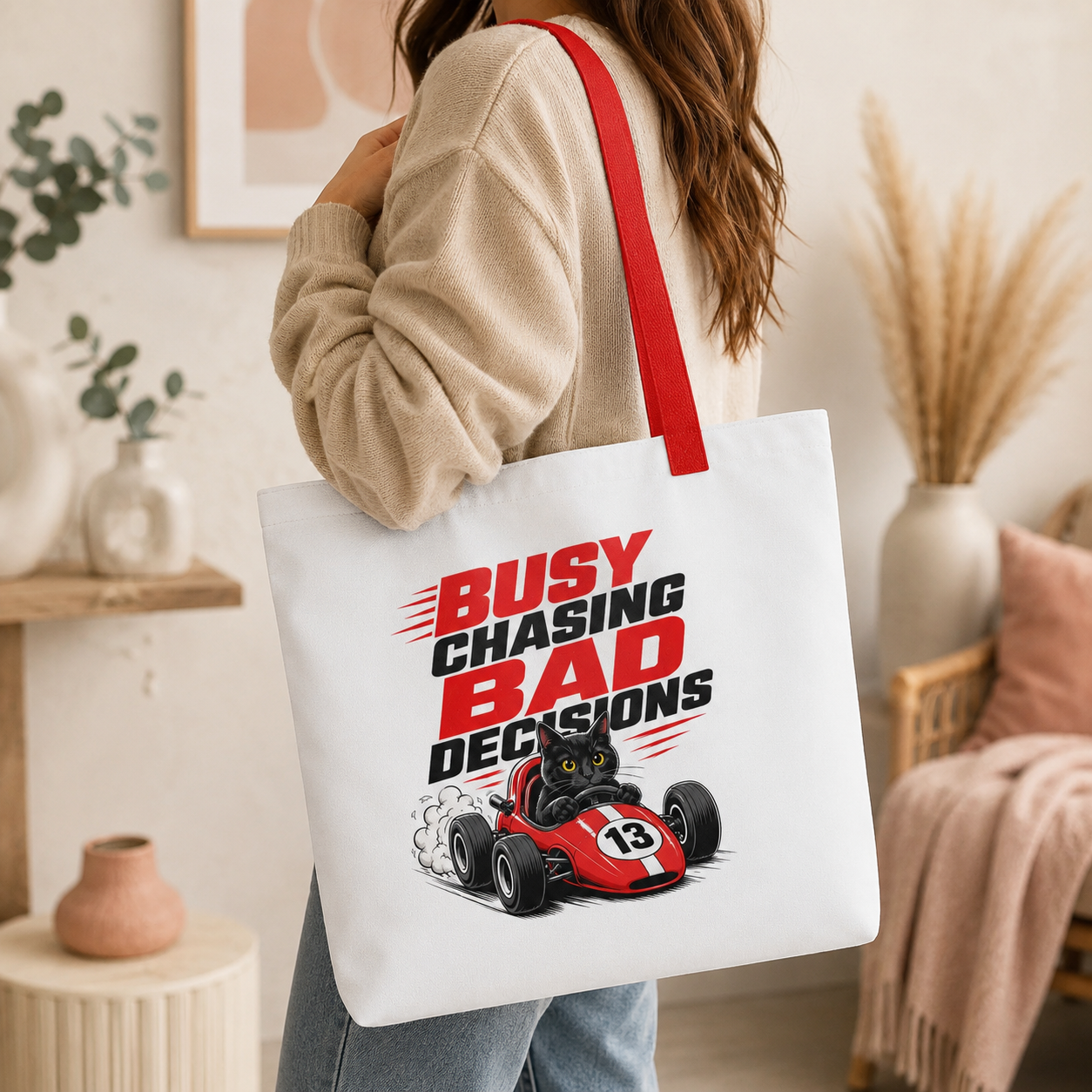 Funny Cat Racing Tote Bag, Busy Chasing Bad Decisions Tote Bag