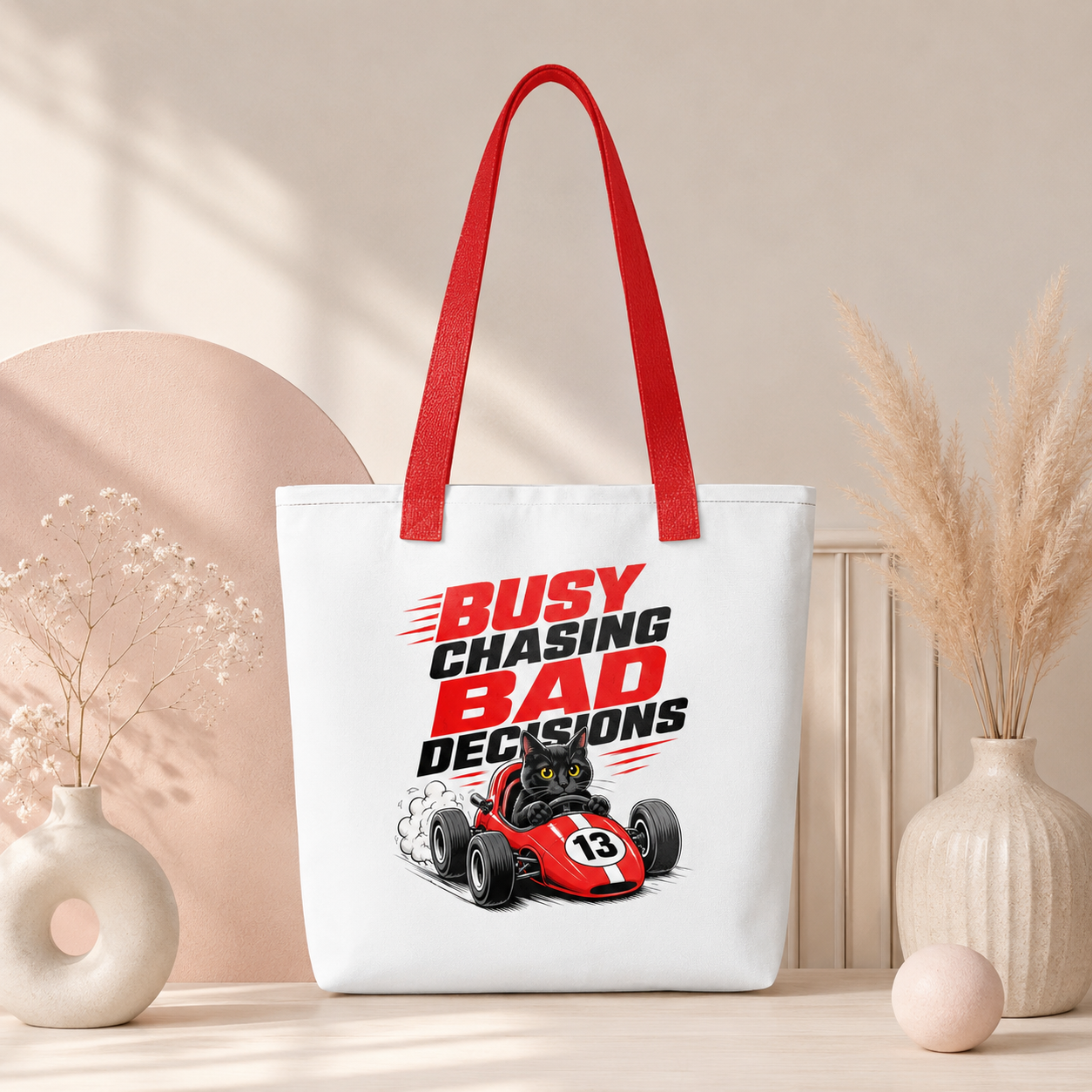 Funny Cat Racing Tote Bag, Busy Chasing Bad Decisions Tote Bag