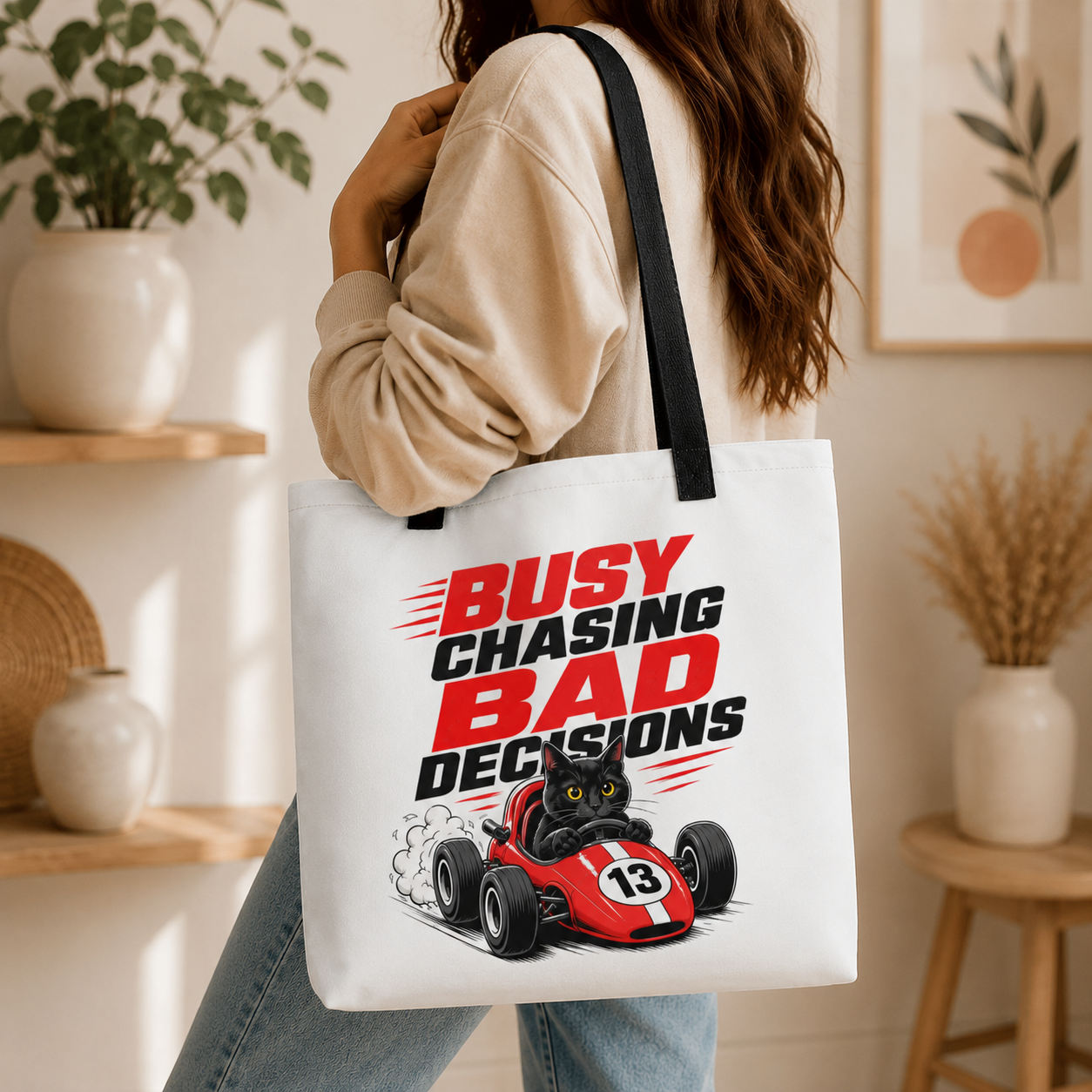 Funny Cat Racing Tote Bag, Busy Chasing Bad Decisions Tote Bag