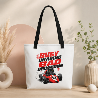 Funny Cat Racing Tote Bag, Busy Chasing Bad Decisions Tote Bag