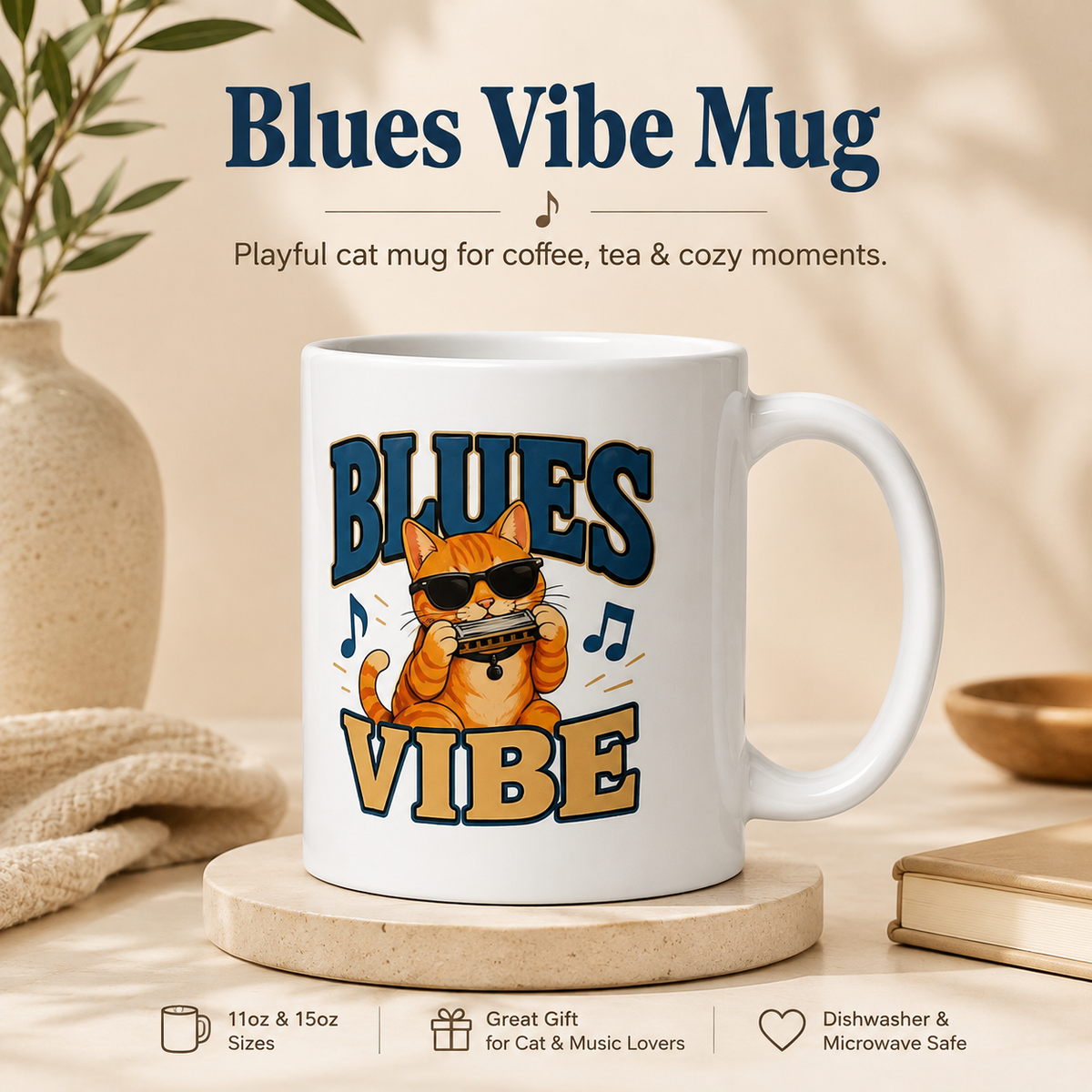 Blues Vibe Cat Mug, Funny Music Lover Coffee Mug