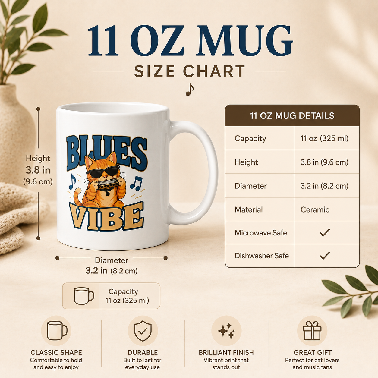 Blues Vibe Cat Mug, Funny Music Lover Coffee Mug