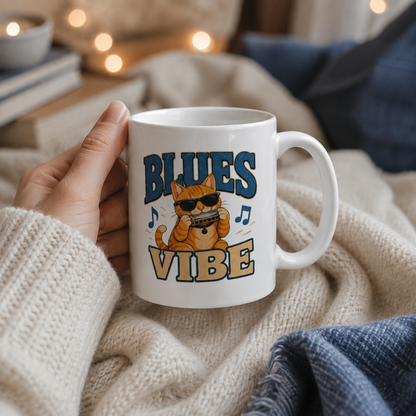 Blues Vibe Cat Mug, Funny Music Lover Coffee Mug