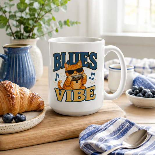 Blues Vibe Cat Mug, Funny Music Lover Coffee Mug
