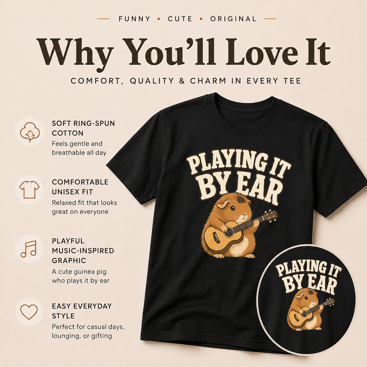 Playing It By Ear Guinea Pig Shirt, Funny Guinea Pig Lover Gift, Music Lover T-Shirt, Guitar Player Tee, Cute Pet Graphic Shirt