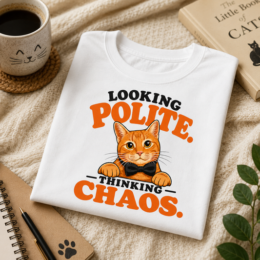 Looking Polite Thinking Chaos Cat T-Shirt
