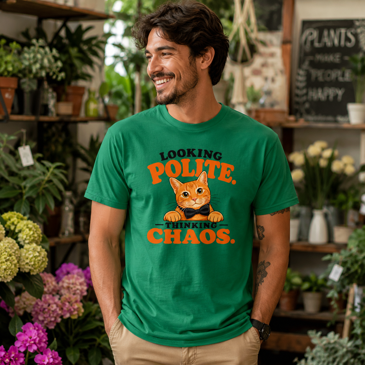 Looking Polite Thinking Chaos Cat T-Shirt
