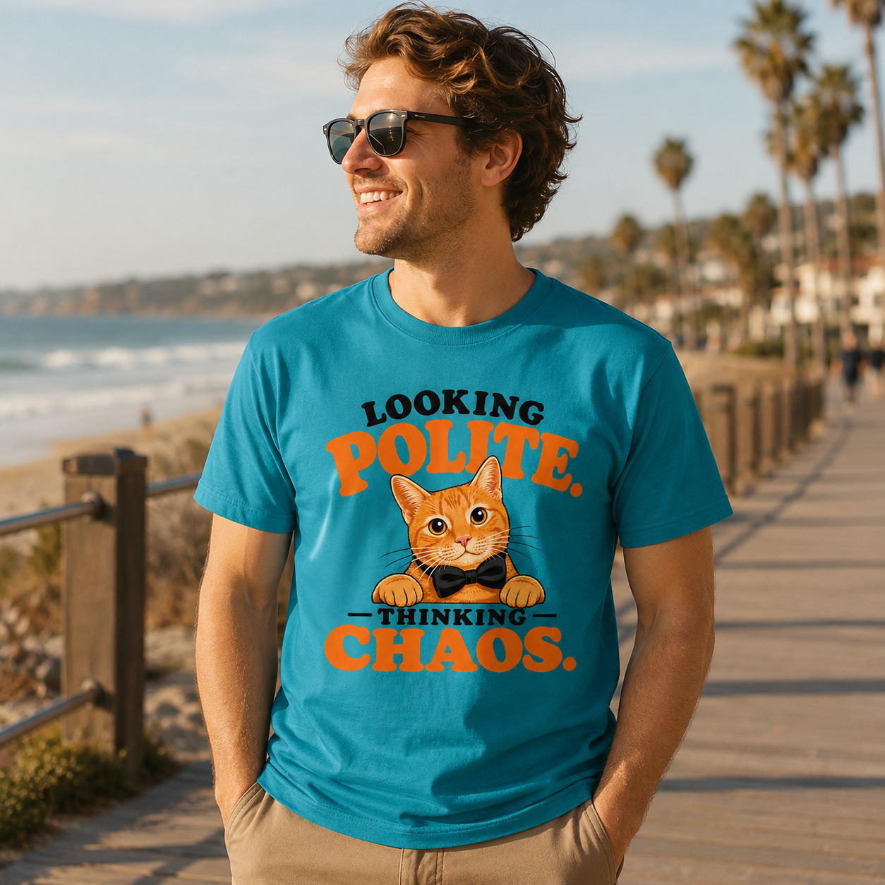 Looking Polite Thinking Chaos Cat T-Shirt