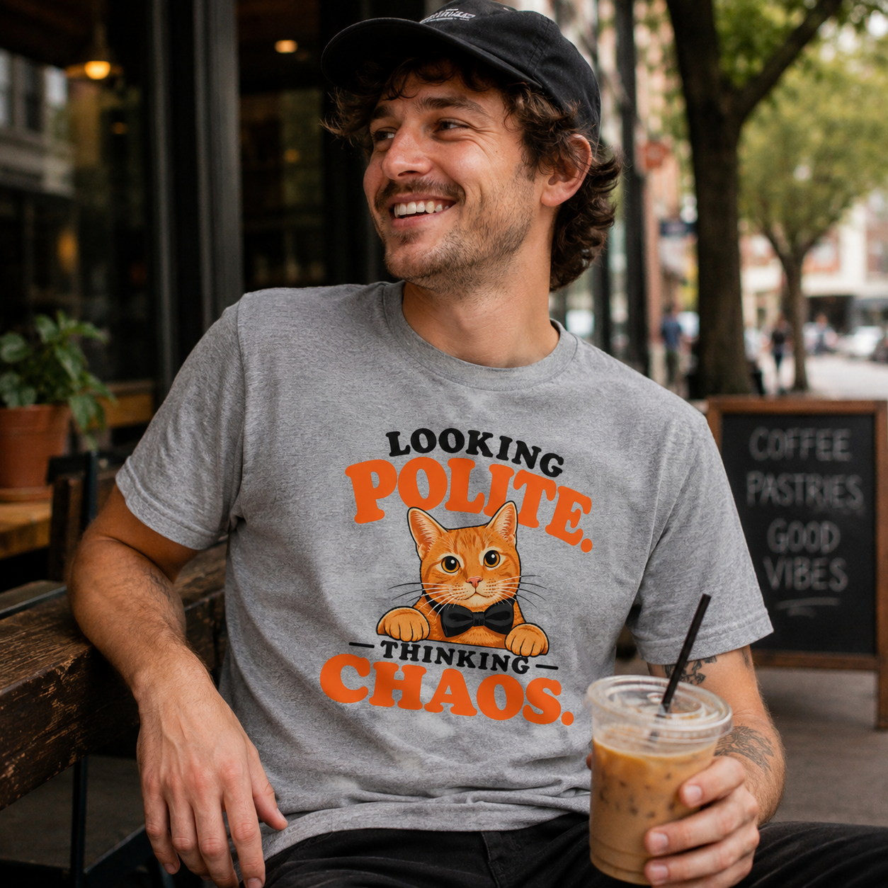 Looking Polite Thinking Chaos Cat T-Shirt