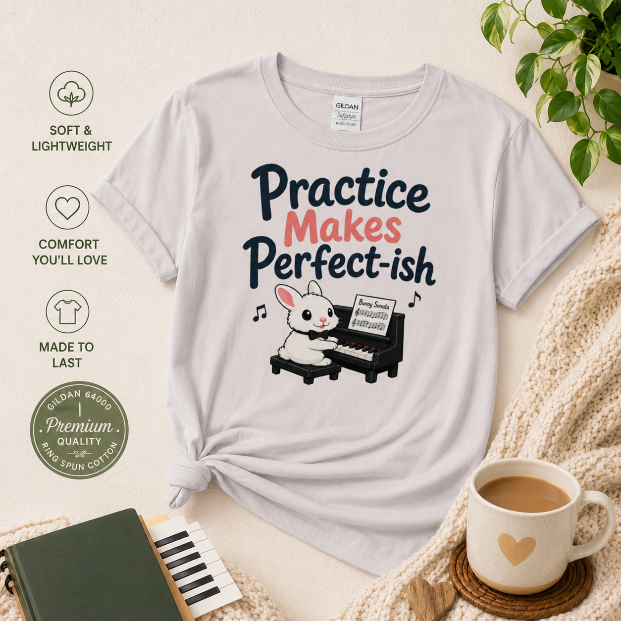 Practice Makes Perfect-ish Rabbit Piano T-Shirt