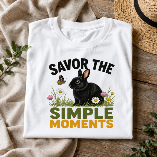 Rabbit Shirt, Savor the Simple Moments Tee, Black Bunny Graphic T-Shirt, Nature Lover Gift, Wildflower Rabbit Top