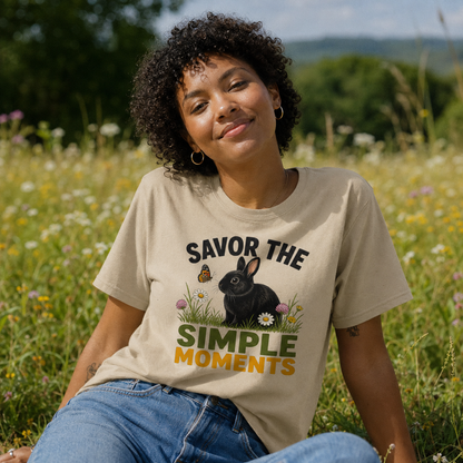 Rabbit Shirt, Savor the Simple Moments Tee, Black Bunny Graphic T-Shirt, Nature Lover Gift, Wildflower Rabbit Top