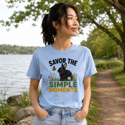 Rabbit Shirt, Savor the Simple Moments Tee, Black Bunny Graphic T-Shirt, Nature Lover Gift, Wildflower Rabbit Top