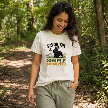 Rabbit Shirt, Savor the Simple Moments Tee, Black Bunny Graphic T-Shirt, Nature Lover Gift, Wildflower Rabbit Top