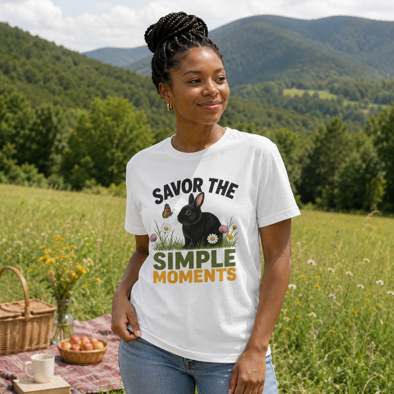 Rabbit Shirt, Savor the Simple Moments Tee, Black Bunny Graphic T-Shirt, Nature Lover Gift, Wildflower Rabbit Top