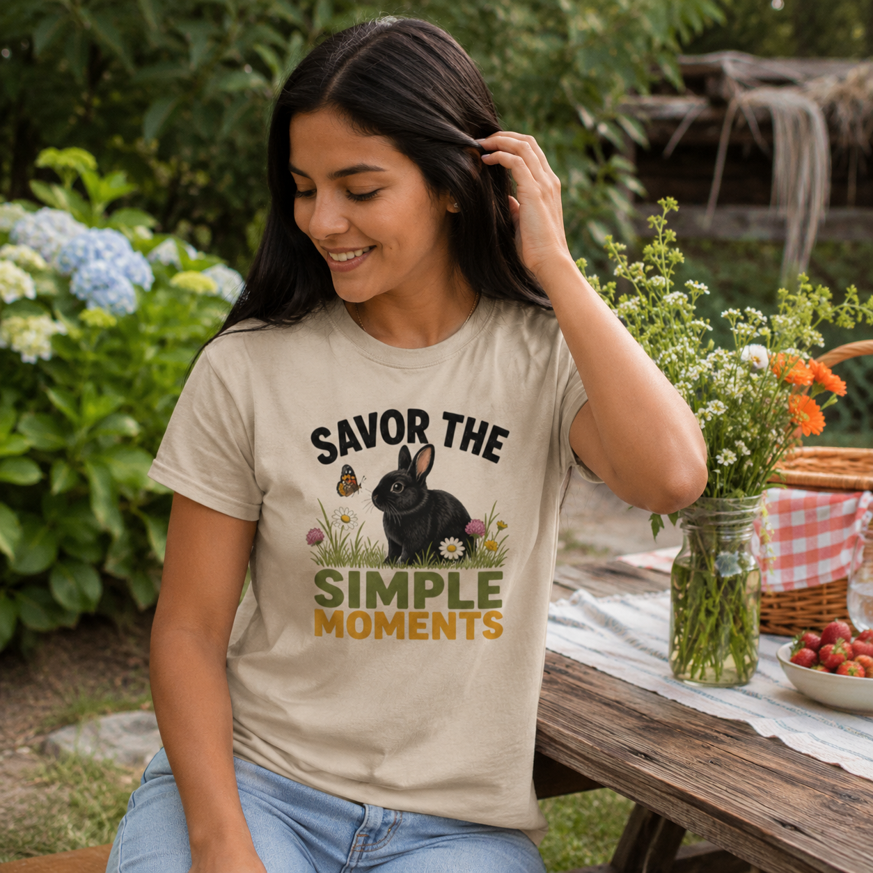 Rabbit Shirt, Savor the Simple Moments Tee, Black Bunny Graphic T-Shirt, Nature Lover Gift, Wildflower Rabbit Top