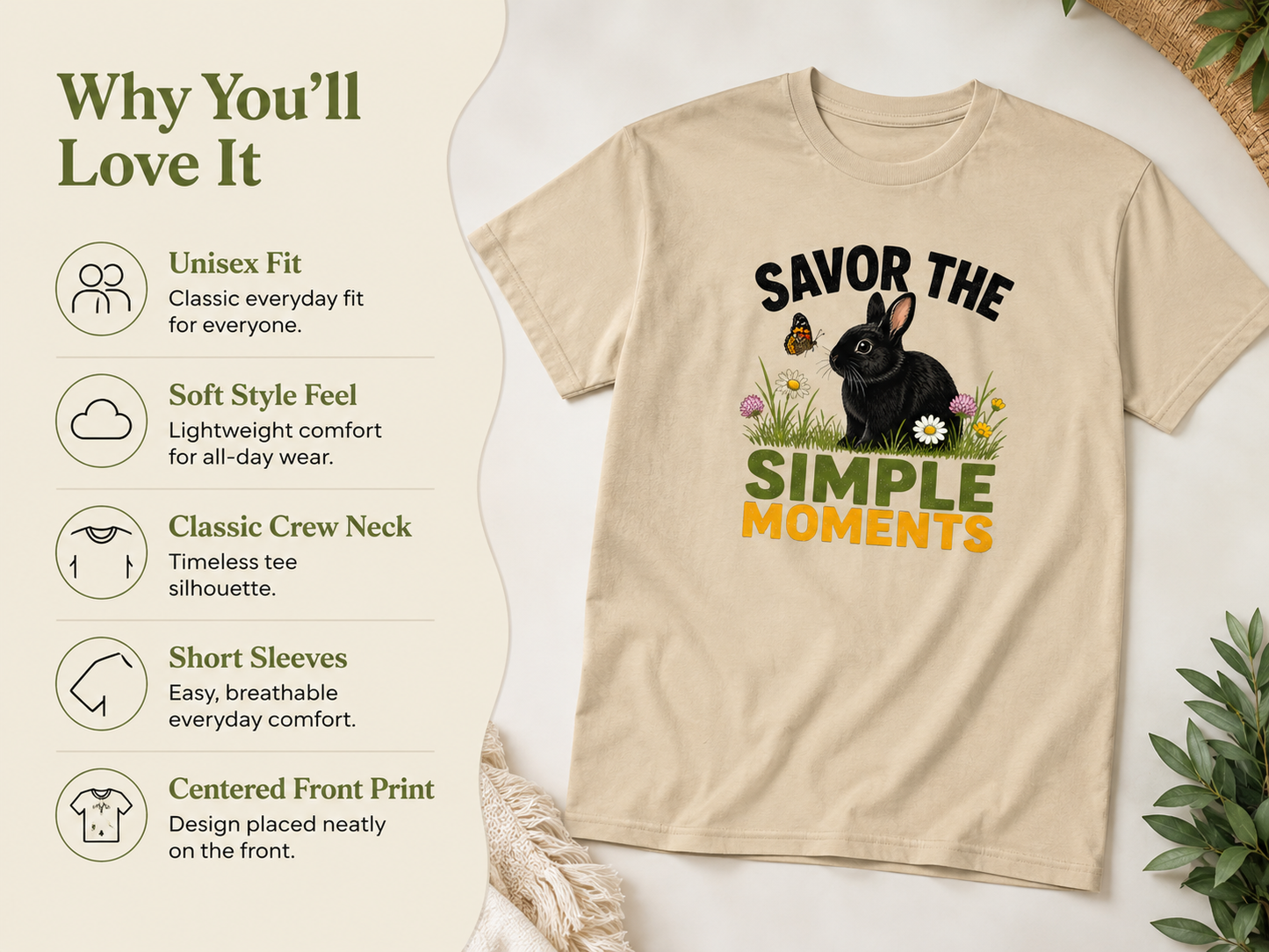 Rabbit Shirt, Savor the Simple Moments Tee, Black Bunny Graphic T-Shirt, Nature Lover Gift, Wildflower Rabbit Top
