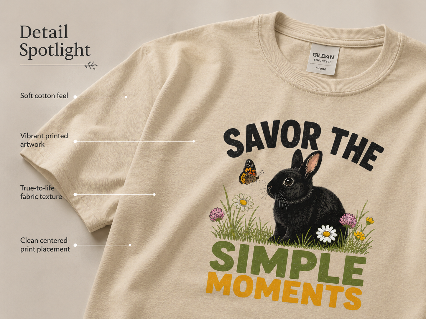 Rabbit Shirt, Savor the Simple Moments Tee, Black Bunny Graphic T-Shirt, Nature Lover Gift, Wildflower Rabbit Top