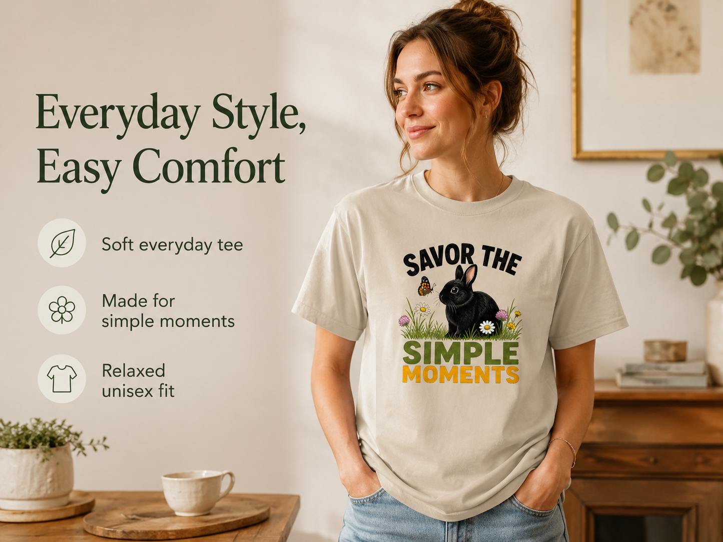 Rabbit Shirt, Savor the Simple Moments Tee, Black Bunny Graphic T-Shirt, Nature Lover Gift, Wildflower Rabbit Top