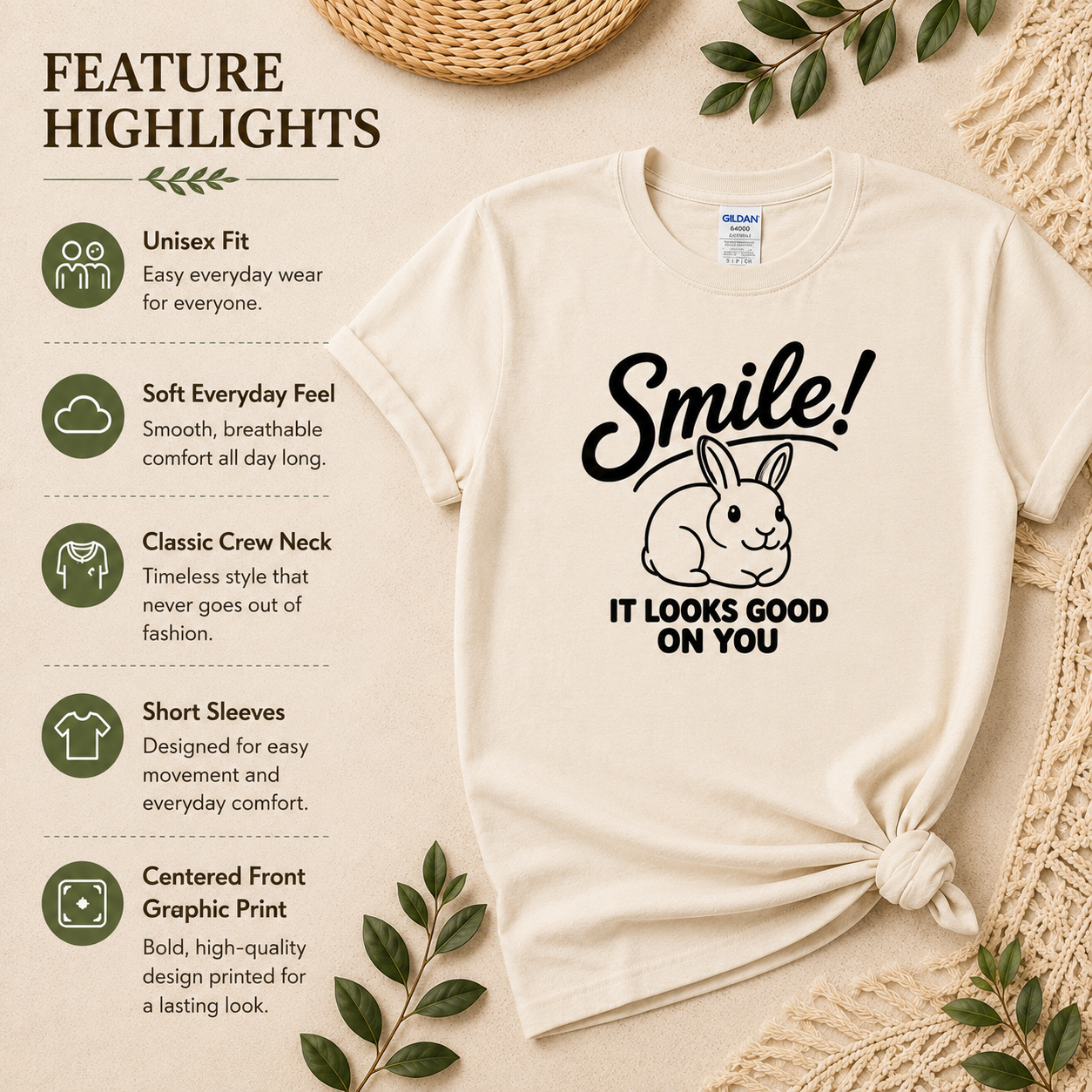 Smile Rabbit Shirt, Cute Bunny Graphic Tee, Positive Message T-Shirt, Rabbit Lover Gift